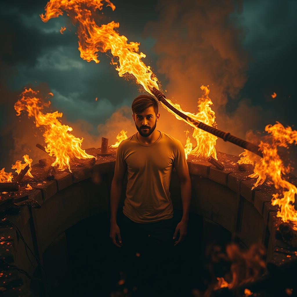 A dramatic scene of a person standing in a deep pit surrounded by flames and smoke