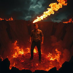 A dramatic scene of a person standing in a deep pit surrounded by flames and smoke