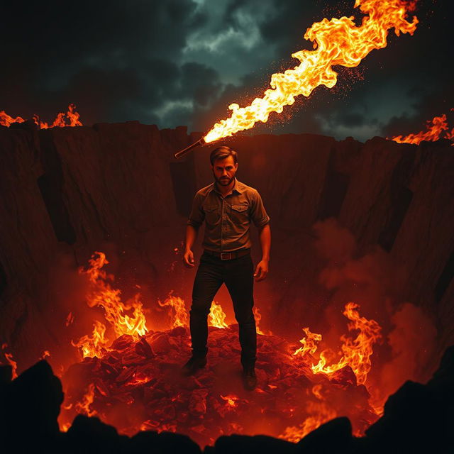 A dramatic scene of a person standing in a deep pit surrounded by flames and smoke