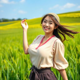 A beautiful South Korean woman with very large, round breasts, dressed in traditional farming clothes, playfully posing in a scenic rice field