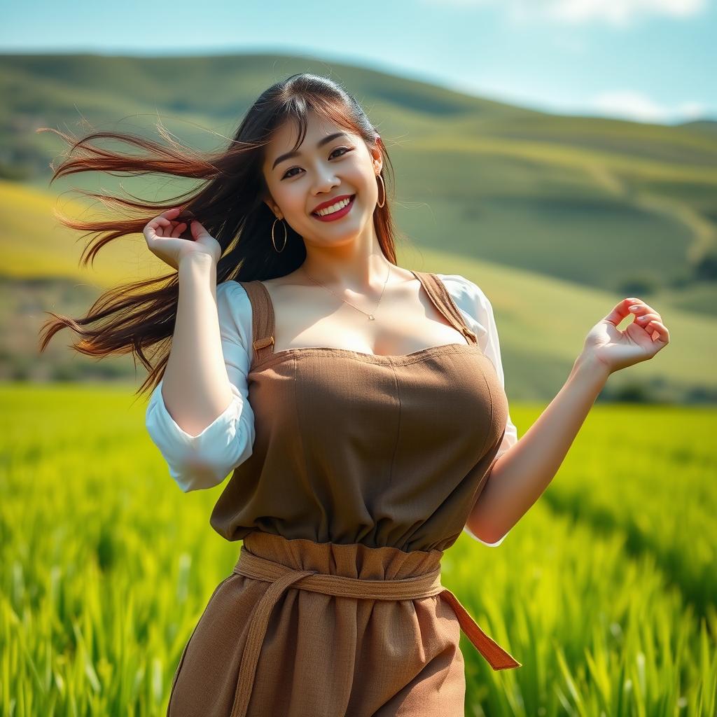 A beautiful South Korean woman with very large, round breasts, dressed in traditional farming clothes, playfully posing in a scenic rice field