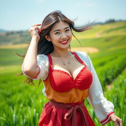 A beautiful South Korean woman with very large, round breasts, dressed in traditional farming clothes, playfully posing in a scenic rice field