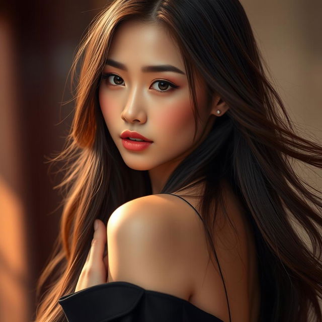 A stunning Chinese woman with sultry features and striking red eyes, long flowing brown hair cascading down her back