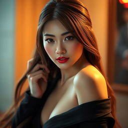 A stunning Chinese woman with sultry features and striking red eyes, long flowing brown hair cascading down her back