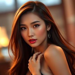 A stunning Chinese woman with sultry features and striking red eyes, long flowing brown hair cascading down her back