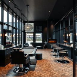A sleek, modern men's barbershop designed with a luxurious black-themed aesthetic