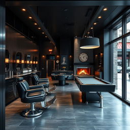 A sleek, modern men's barbershop designed with a luxurious black-themed aesthetic