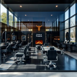 A sleek, modern men's barbershop designed with a luxurious black-themed aesthetic