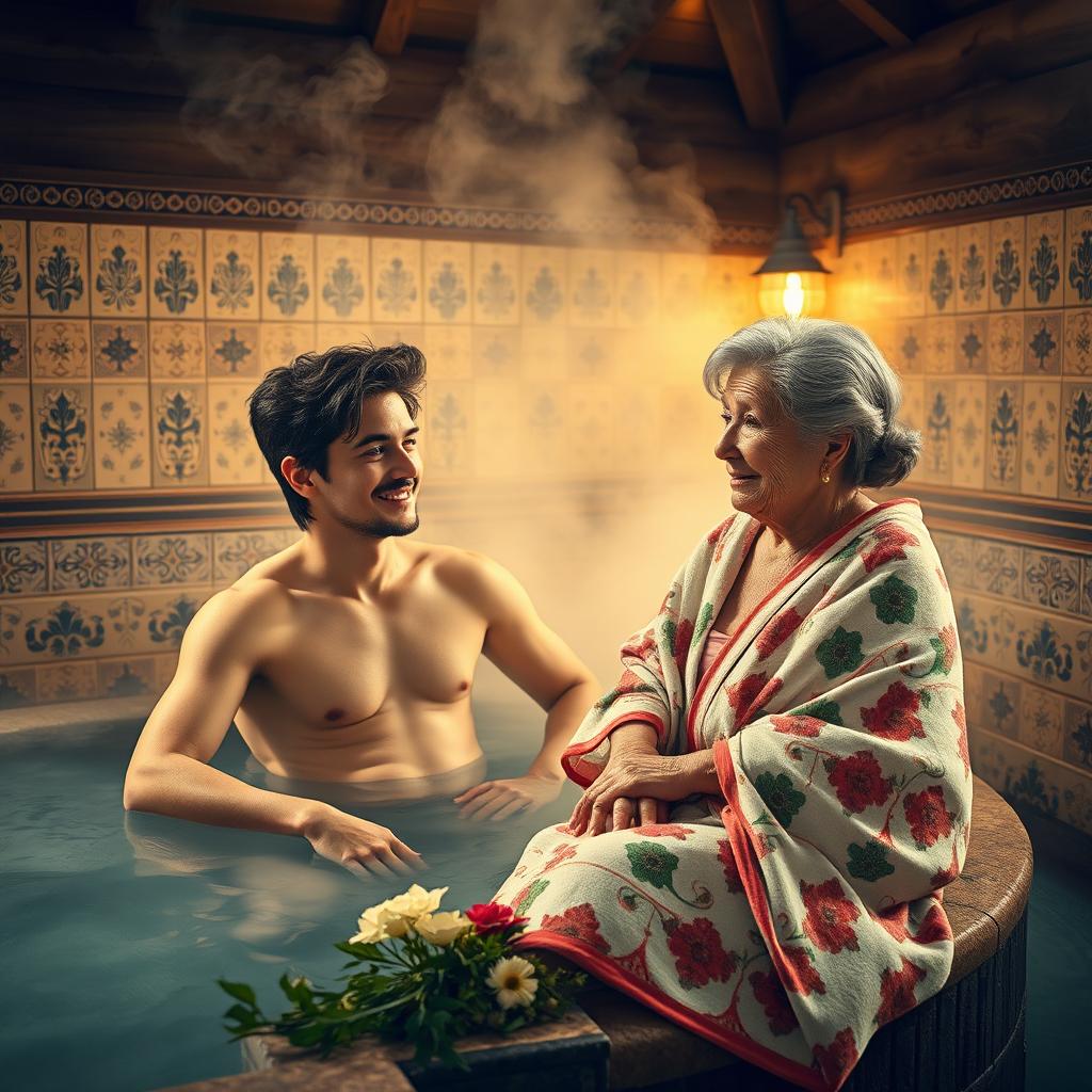 A young man and an elderly woman sharing a tranquil moment in a beautiful, traditional bathhouse
