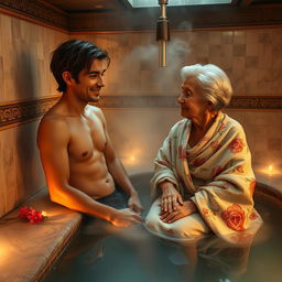 A young man and an elderly woman sharing a tranquil moment in a beautiful, traditional bathhouse
