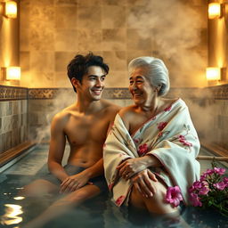 A young man and an elderly woman sharing a tranquil moment in a beautiful, traditional bathhouse