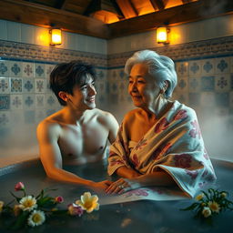 A young man and an elderly woman sharing a tranquil moment in a beautiful, traditional bathhouse