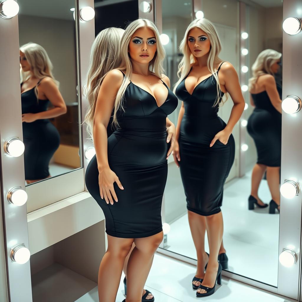 A full-length photograph of a thick and beautiful 19-year-old blonde woman with a thin face as she admires herself in a stylish dressing area