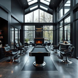 A sleek, black-themed modern men's barbershop that exudes luxury and style