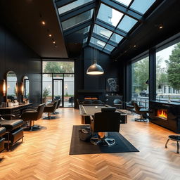 A sleek, black-themed modern men's barbershop that exudes luxury and style