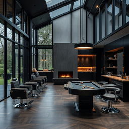 A sleek, black-themed modern men's barbershop that exudes luxury and style