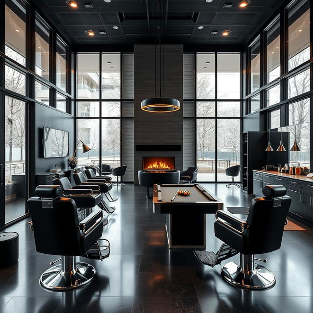 A sleek, black-themed modern men's barbershop that exudes luxury and style