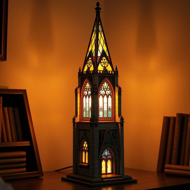 A lamp designed in the style of a traditional church, featuring intricate stained glass windows and a tall steeple shaped lamp shade