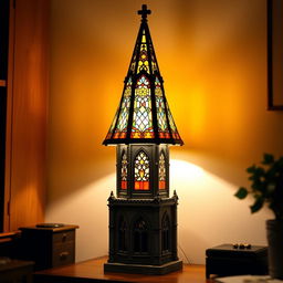 A lamp designed in the style of a traditional church, featuring intricate stained glass windows and a tall steeple shaped lamp shade