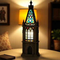A lamp designed in the style of a traditional church, featuring intricate stained glass windows and a tall steeple shaped lamp shade
