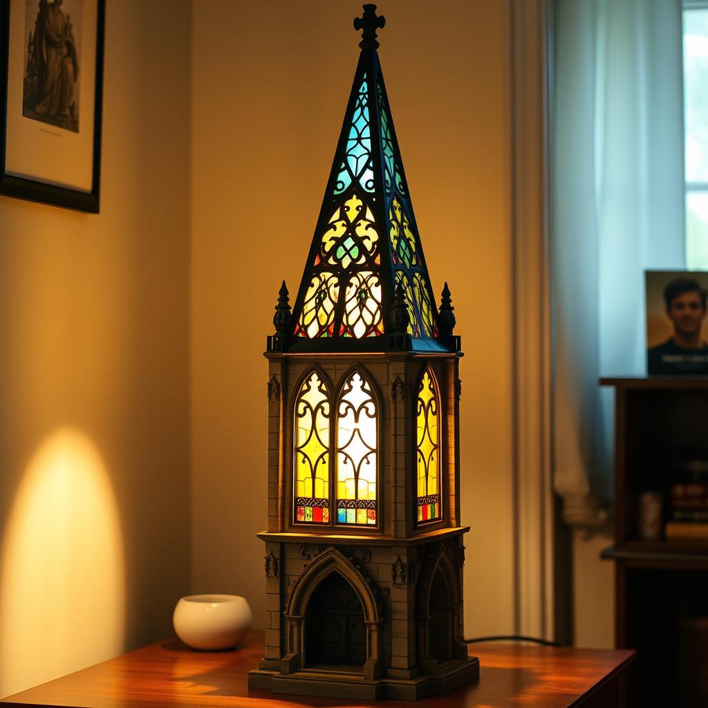 A lamp designed in the style of a traditional church, featuring intricate stained glass windows and a tall steeple shaped lamp shade