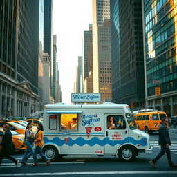 A classic Mister Softee ice cream truck, emblazoned with its iconic blue and white colors and cheerful ice cream cone logo, parked on a bustling New York City street