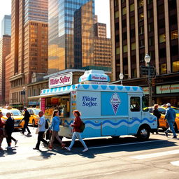 A classic Mister Softee ice cream truck, emblazoned with its iconic blue and white colors and cheerful ice cream cone logo, parked on a bustling New York City street