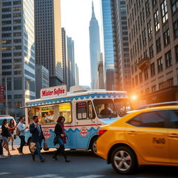 A classic Mister Softee ice cream truck, emblazoned with its iconic blue and white colors and cheerful ice cream cone logo, parked on a bustling New York City street