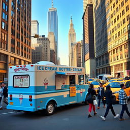 A classic Mister Softee ice cream truck, emblazoned with its iconic blue and white colors and cheerful ice cream cone logo, parked on a bustling New York City street