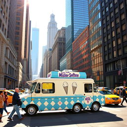 A classic Mister Softee ice cream truck, adorned with its iconic blue and white colors and cheerful ice cream cone logo, parked on a bustling New York City street