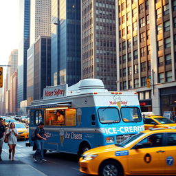 A classic Mister Softee ice cream truck, adorned with its iconic blue and white colors and cheerful ice cream cone logo, parked on a bustling New York City street