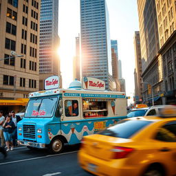 A classic Mister Softee ice cream truck, adorned with its iconic blue and white colors and cheerful ice cream cone logo, parked on a bustling New York City street