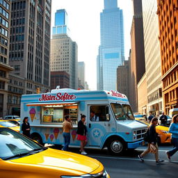 A classic Mister Softee ice cream truck, adorned with its iconic blue and white colors and cheerful ice cream cone logo, parked on a bustling New York City street