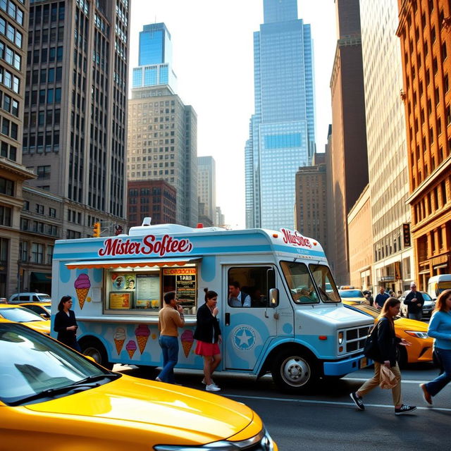 A classic Mister Softee ice cream truck, adorned with its iconic blue and white colors and cheerful ice cream cone logo, parked on a bustling New York City street