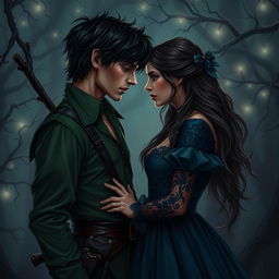 A dark romance-inspired fanart of an adult couple reminiscent of Peter Pan and Wendy