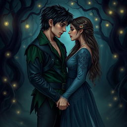A dark romance-inspired fanart of an adult couple reminiscent of Peter Pan and Wendy