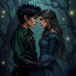 A dark romance-inspired fanart of an adult couple reminiscent of Peter Pan and Wendy