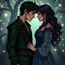 A dark romance-inspired fanart of an adult couple reminiscent of Peter Pan and Wendy