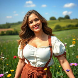 A beautiful English woman with very large, round breasts, dressed in charming traditional farming clothing, playfully posing in a lush green field