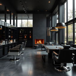 A sleek, black-themed modern men's barbershop that embodies luxury and style