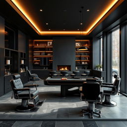A sleek, black-themed modern men's barbershop that embodies luxury and style
