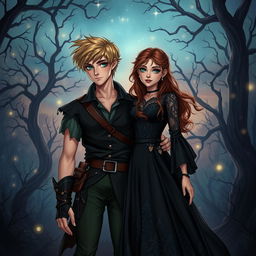 A fanart of an adult blonde-haired boy resembling Peter Pan, and a young brown-haired girl inspired by Wendy, depicted in a dark romance style