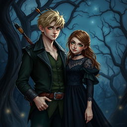 A fanart of an adult blonde-haired boy resembling Peter Pan, and a young brown-haired girl inspired by Wendy, depicted in a dark romance style
