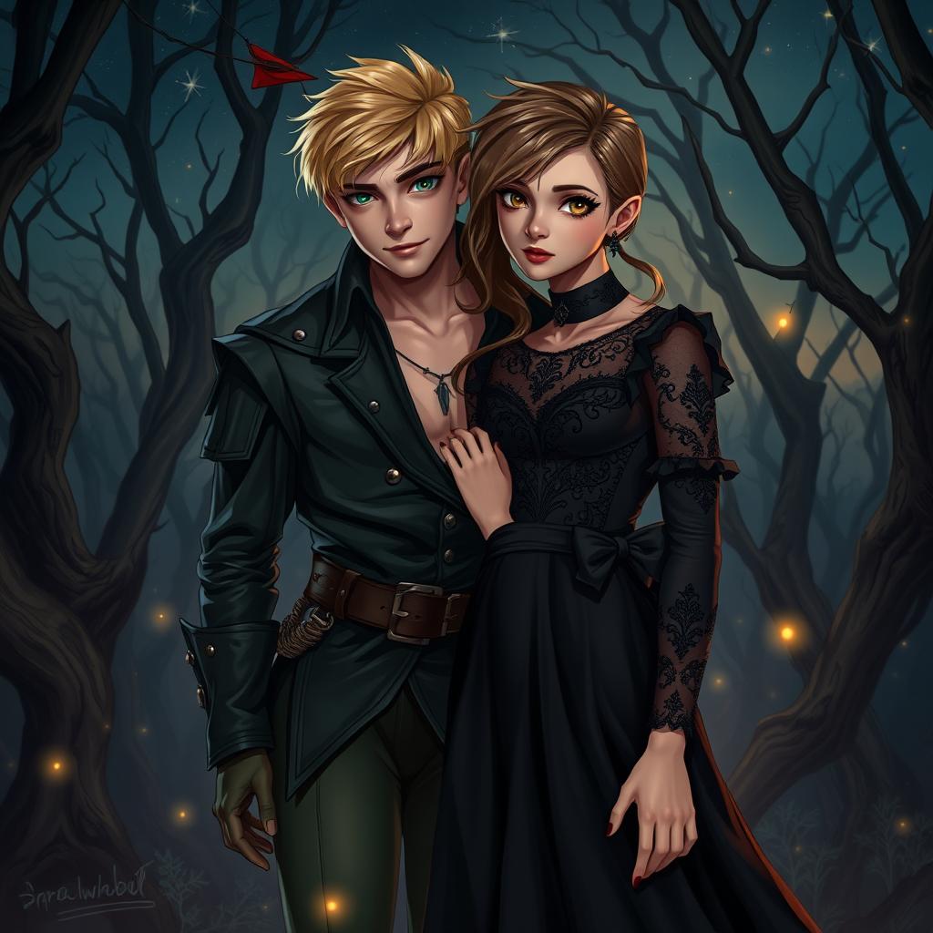 A fanart of an adult blonde-haired boy resembling Peter Pan, and a young brown-haired girl inspired by Wendy, depicted in a dark romance style