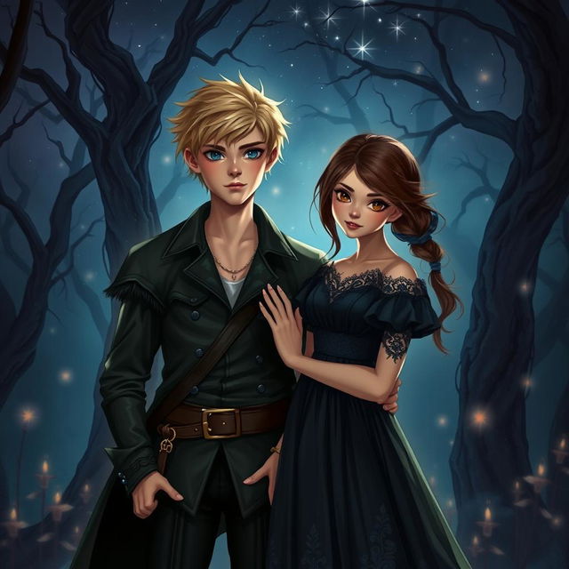 A fanart of an adult blonde-haired boy resembling Peter Pan, and a young brown-haired girl inspired by Wendy, depicted in a dark romance style