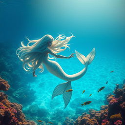 A beautiful, ethereal mermaid with flowing hair, gracefully swimming in a crystal-clear underwater scene