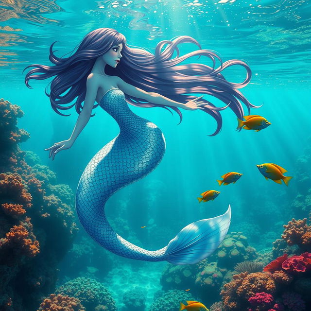 A beautiful, ethereal mermaid with flowing hair, gracefully swimming in a crystal-clear underwater scene