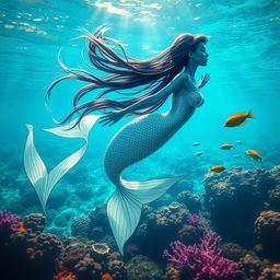 A beautiful, ethereal mermaid with flowing hair, gracefully swimming in a crystal-clear underwater scene