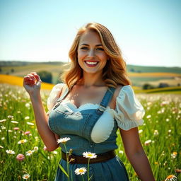 A beautiful English woman with very large, round breasts, dressed in charming rural attire, playfully posing in a vibrant green field filled with wildflowers