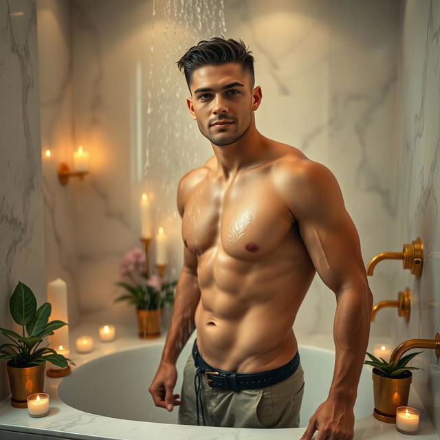 A 33-year-old man in a luxurious bathroom, elegantly designed with marble tiles and golden faucets